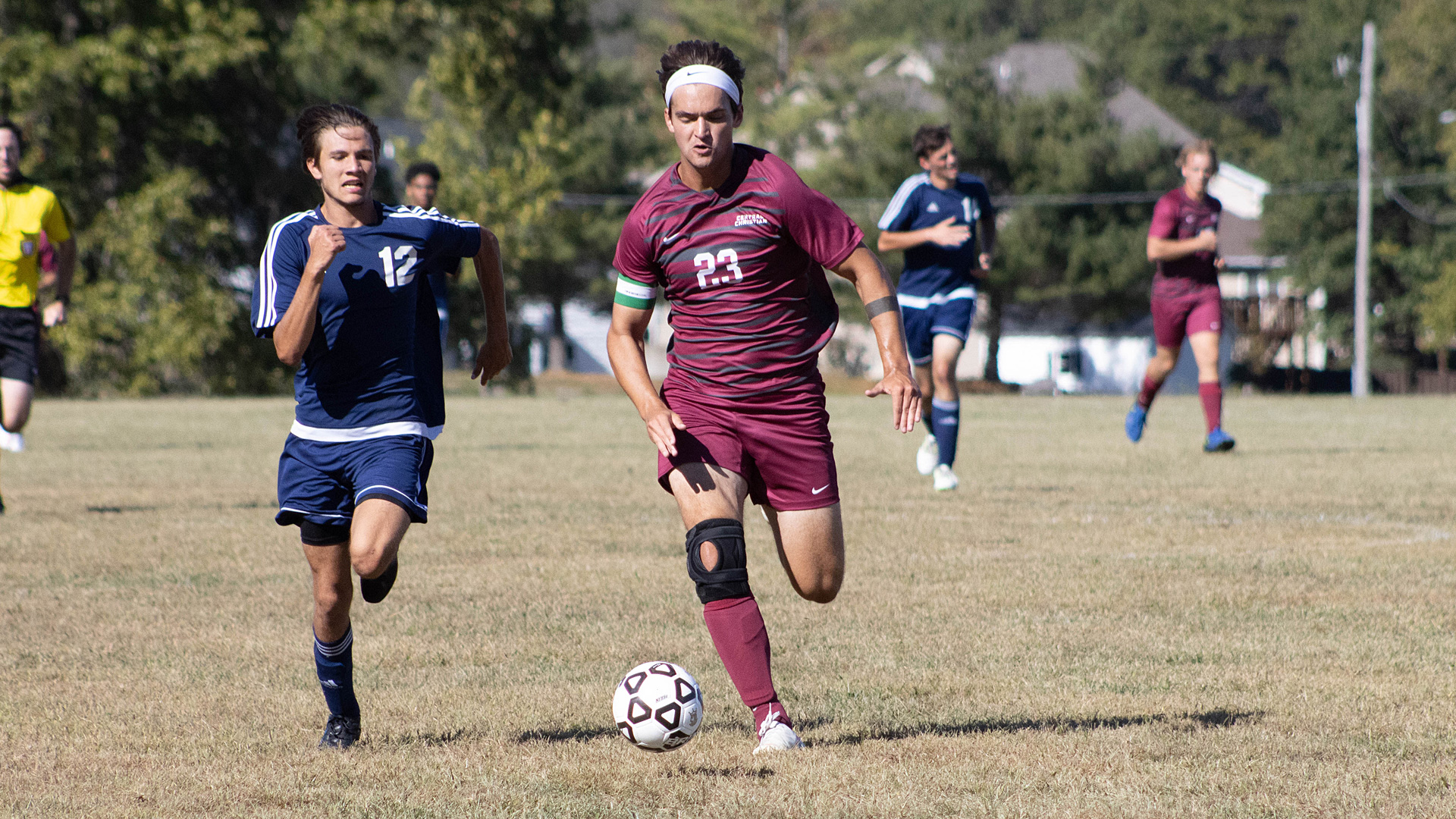 CCCB freshman Brady Tiller looks for a scoring opportunity in a game against Ozark Christian College in September.