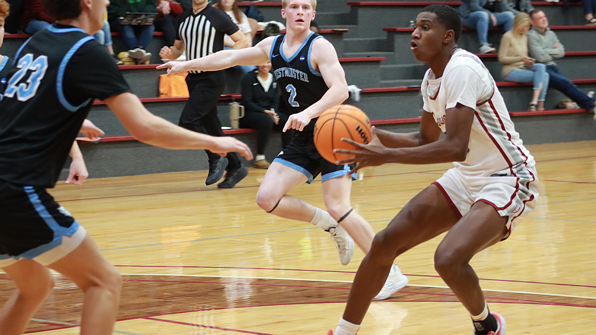 CCCB freshman Edris Hamilton drives to the basket against Westminster College on Tuesday during the Saints' 90-88 win over the Blue Jays.