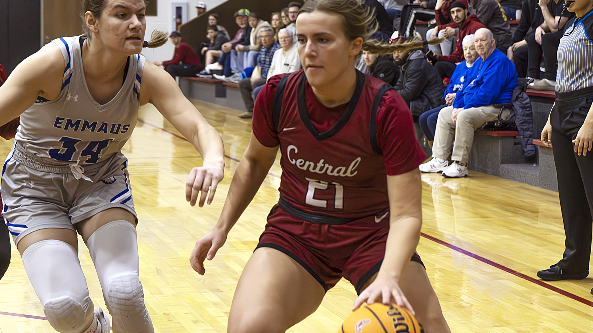 CCCB sophomore Rachel Darling drives to the basket on Saturday during the Saints' 61-45 victory over Emmaus Bible College.
