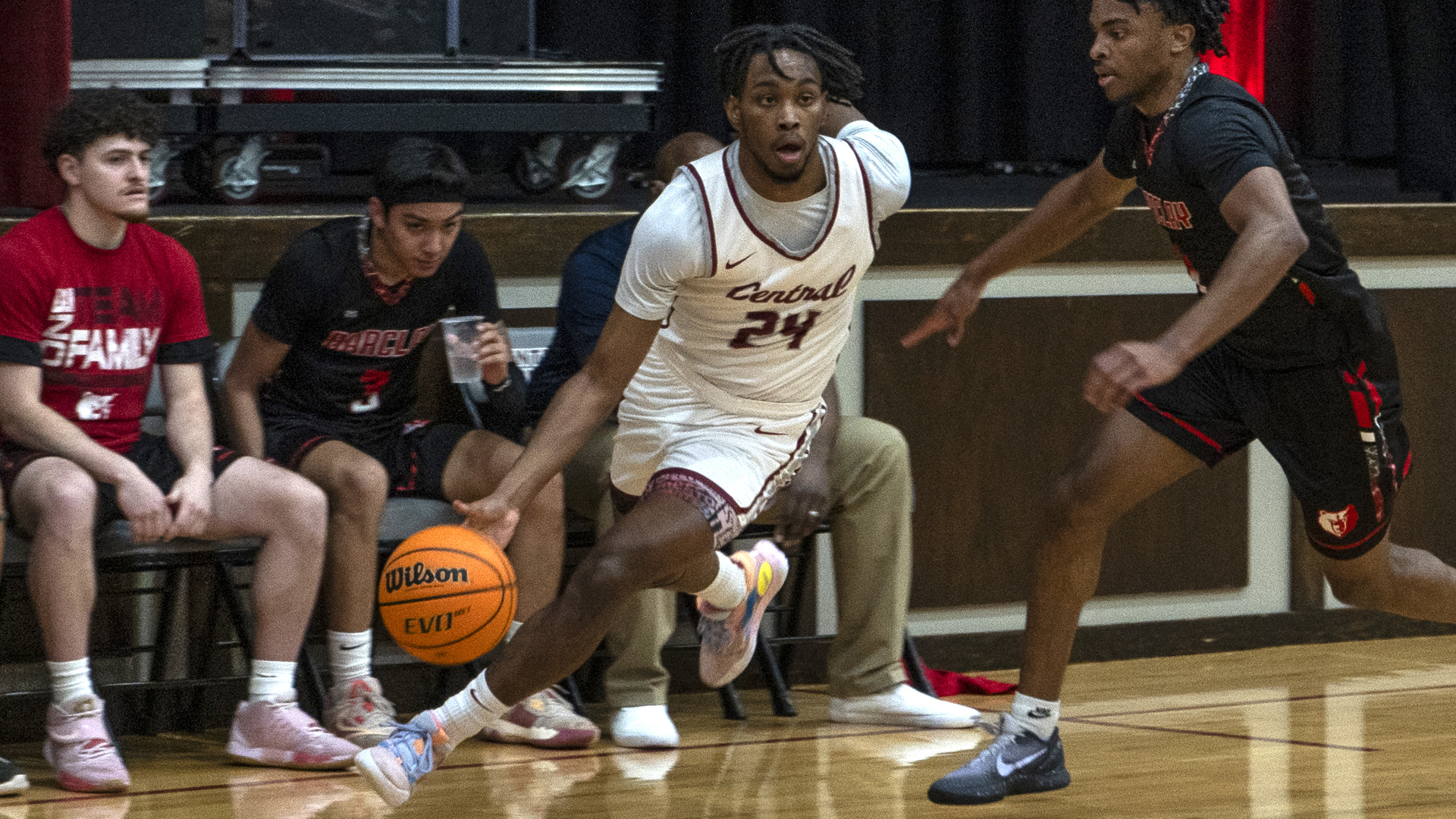 CCCB junior forward Quincy James drives to the basket during the Saints' 91-88 overtime loss to Barclay College on Tuesday in the quarterfinals of the Central Region Tournament.