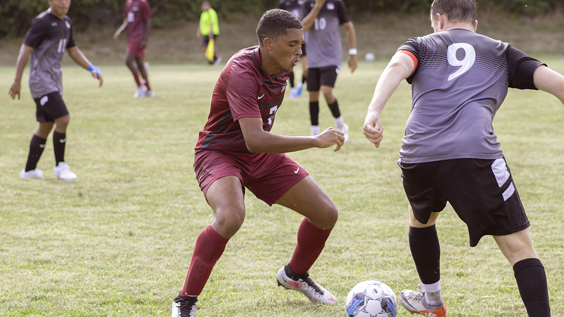 CCCB freshman midfielder Preston Brown defends a Kansas Christian player during a game earlier this season.
